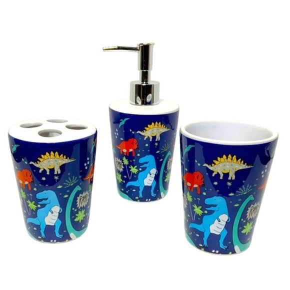 Matt & Maddie Dinosaur Bath Accessories Kids Colorful Ceramics Blue 3 Piece Set - Picture 1 of 12